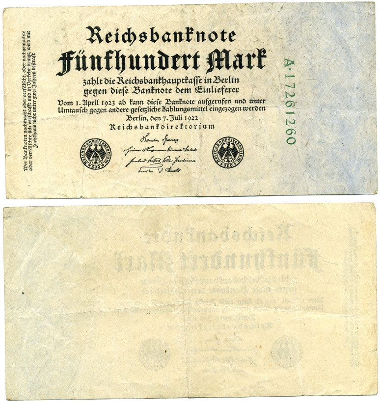 Германия 500 марок 1922 зеленая серия, 8 цифр в номере Pick 74 с  бумага 6301-44-1