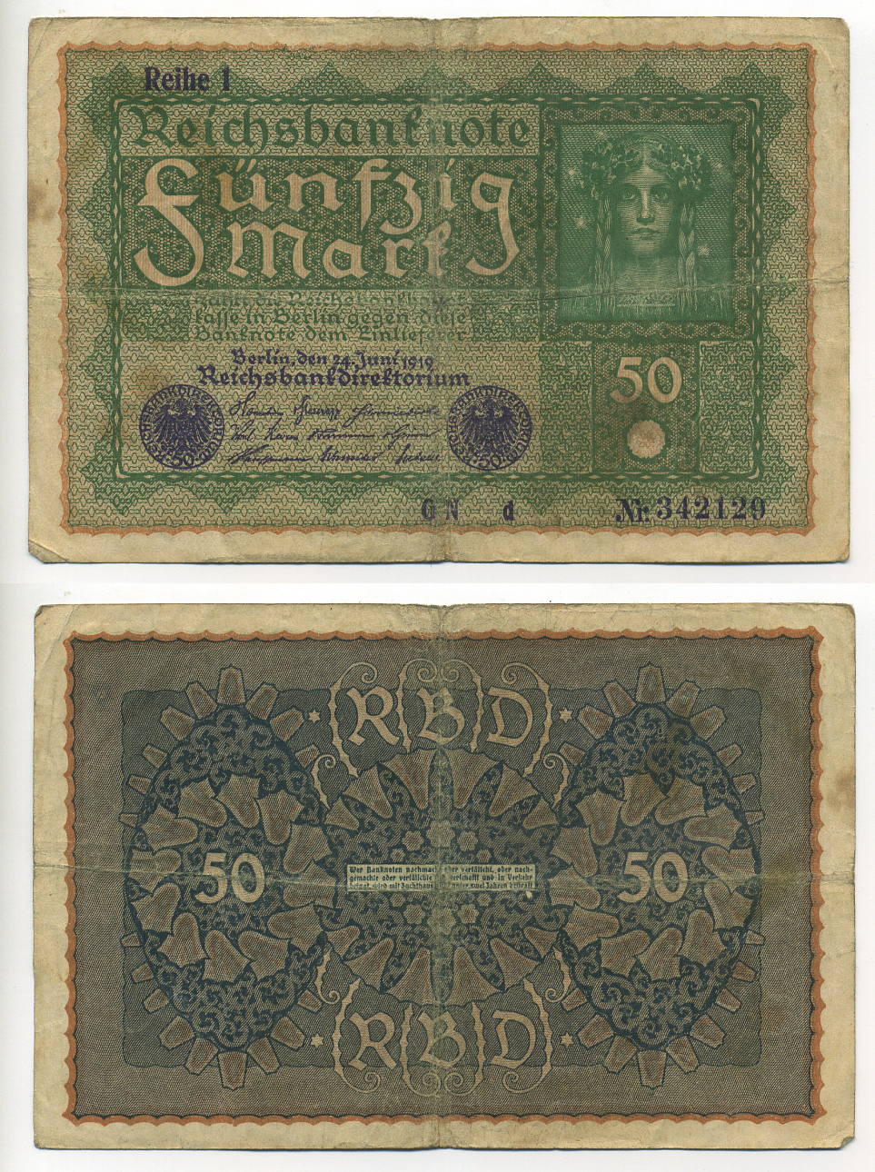 ГЕРМАНИЯ 50 МАРОК 1919 24 ИЮНЯ 1919, REIHE I, СЕРИЯ GN, ВЫПУСК С НОЯБРЯ 1919 ГОДА Pick 66, Rosenberg 62аd бумага 6317-3-3