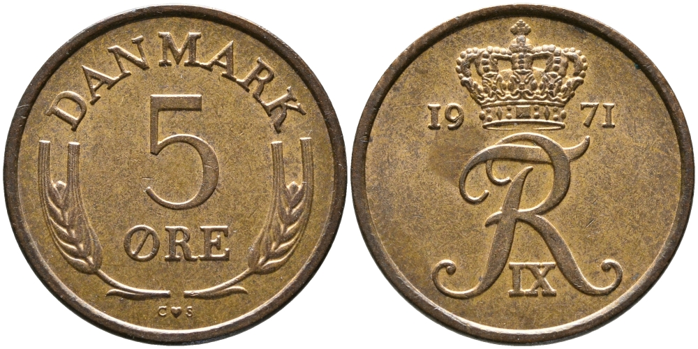 ДАНИЯ 5 ЭРЕ 1971 C; S, ФРЕДЕРИК IX (1947-1972) KM 848.1 бронза 28-1056