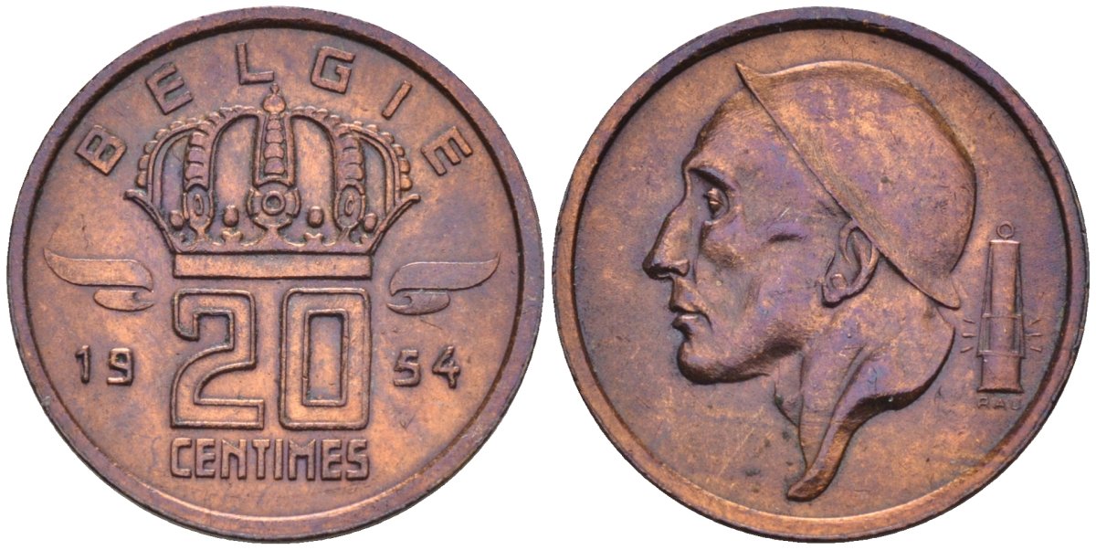 Бельгия 20 сантимов 1954 BELGIE, Бодуэн I (1948-1993) KM 147 бронза 4594-353