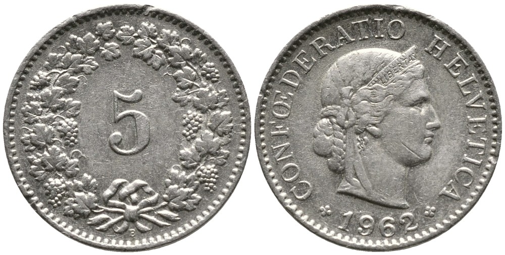 Швейцария 5 раппенов 1962 B KM 26 медно-никель 4528-643