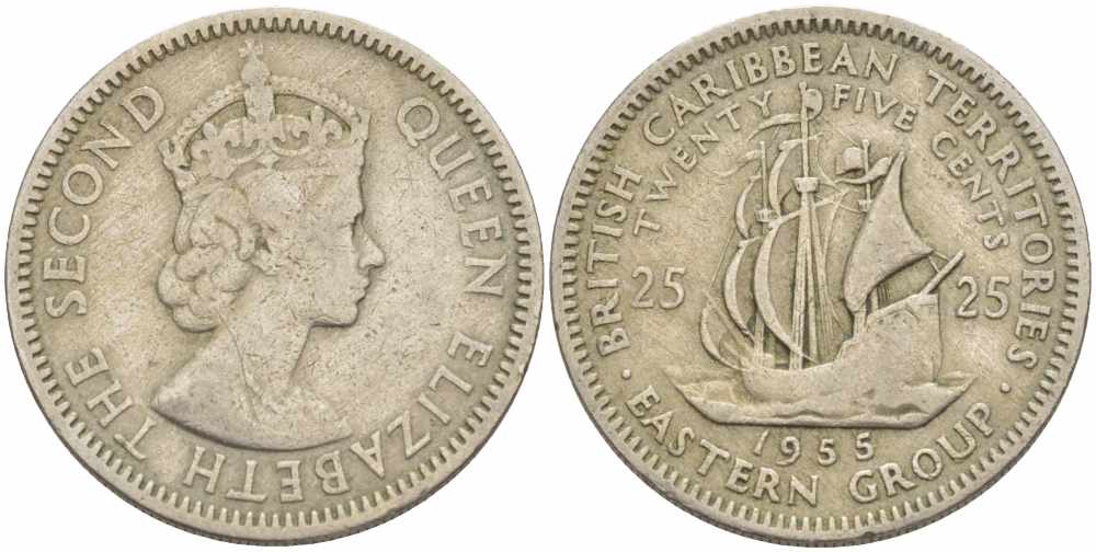 Британские Восточно-Карибские территории 25 центов 1955 Елизавета II (1952-2022), парусник KM 6 медно-никель 108-1124