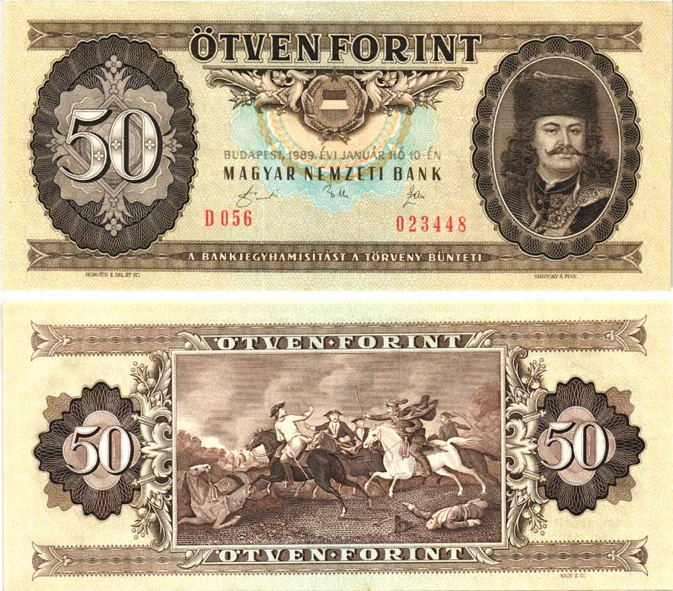 ВЕНГРИЯ 50 ФОРИНТОВ 1989 БУДАПЕШТ, 10 ЯНВАРЯ 1989, ПРИНЦ ФЕРЕНЦ II РАКОЦИ Pick 169h бумага 8589-23-1-2