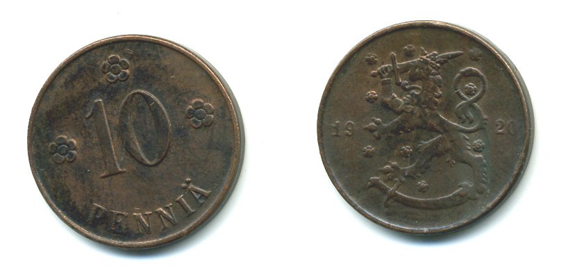 Финляндия 10 пенни 1920 республика (1918-1962) KM 24 медь 36-346