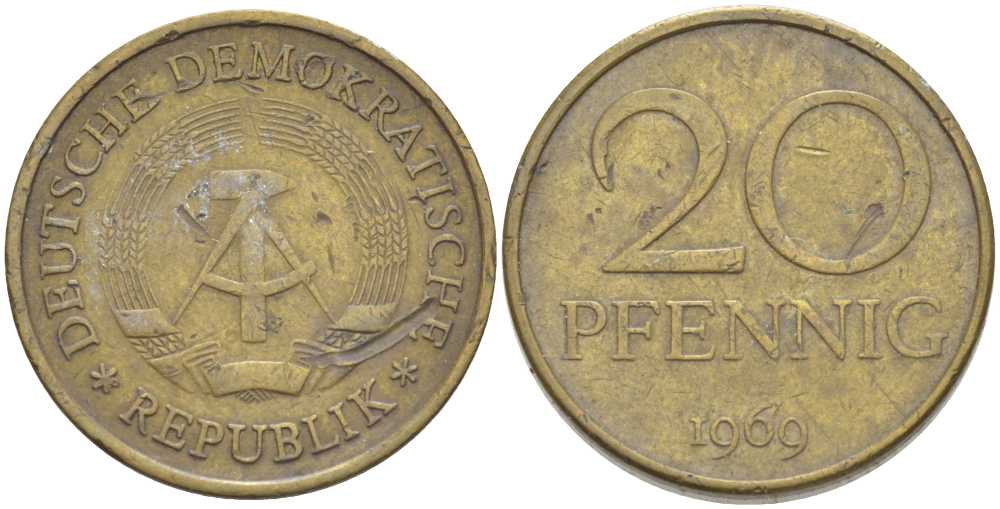 ГДР 20 пфеннигов 1969 А, первый год KM 11 латунь 4395-936