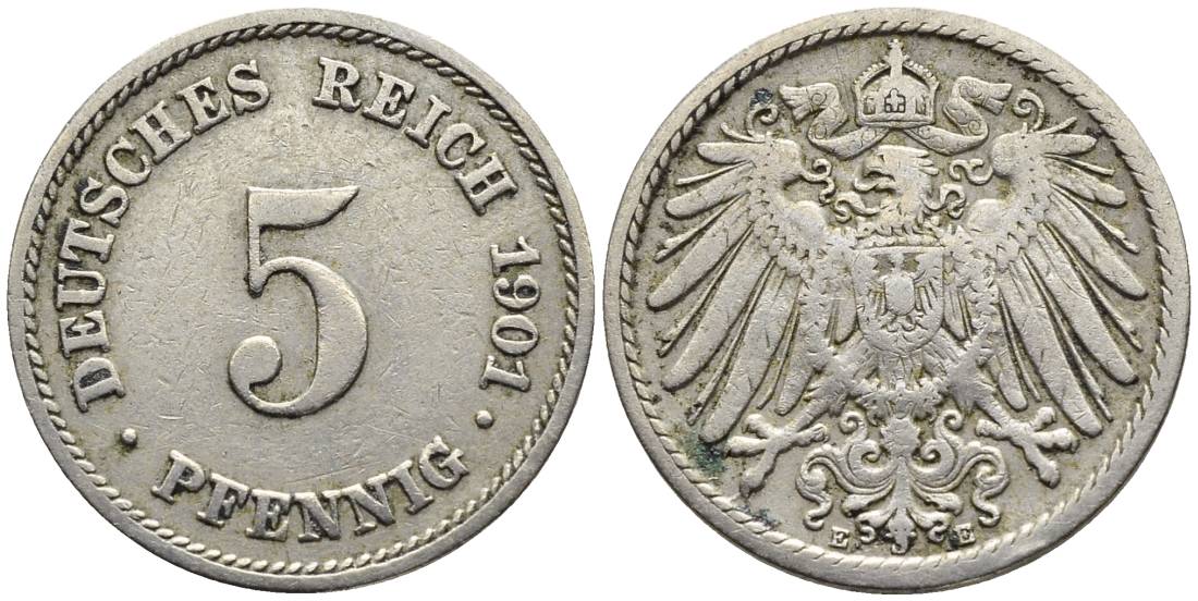 ГЕРМАНИЯ 5 ПФЕННИГОВ 1901 E KM 11, Jager 12, Weege 6 медно-никель 4547-418