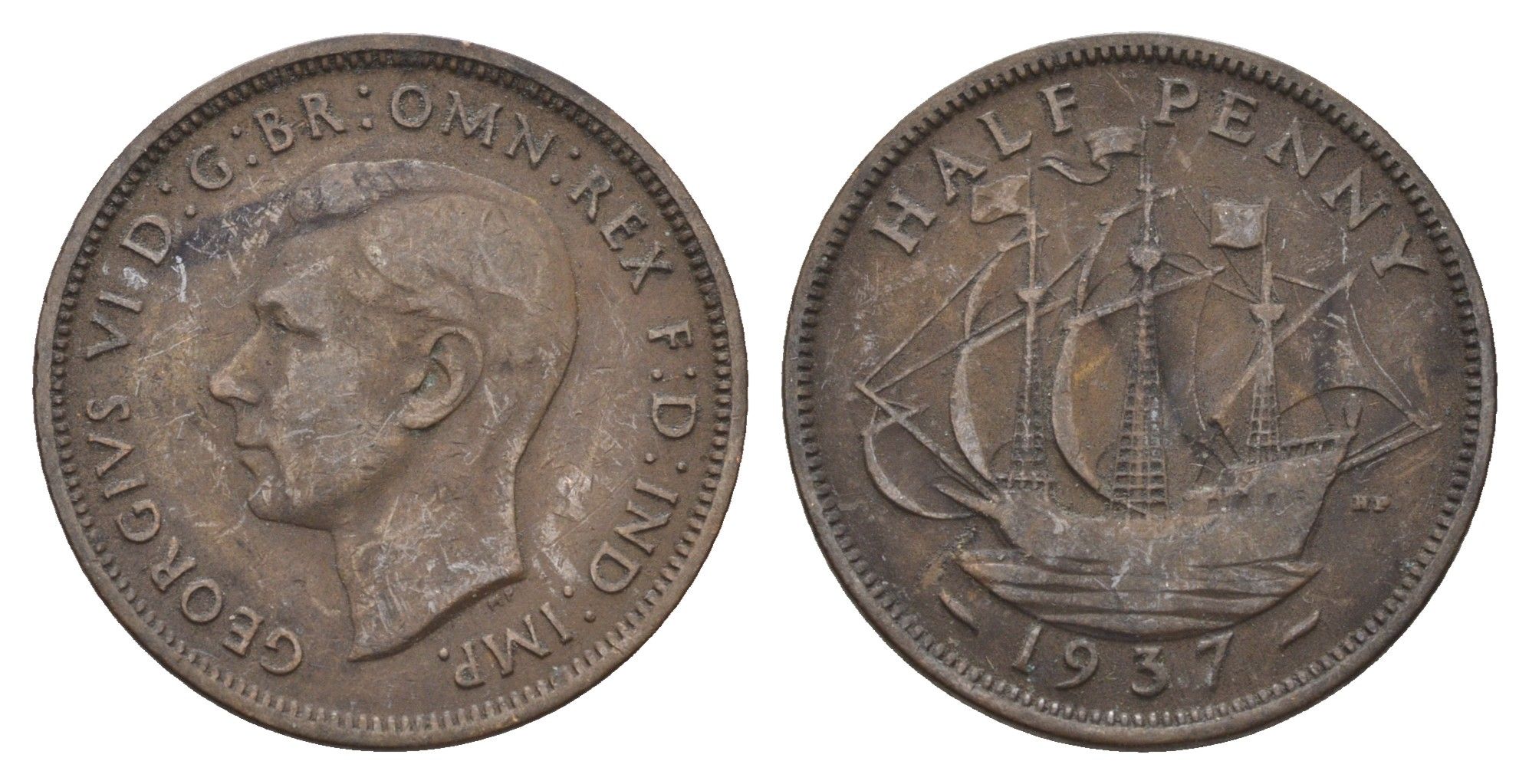 Великобритания 1/2 пенни 1937 Георг VI (1936-1952) KM 844, Spink 4115 бронза 4699-417