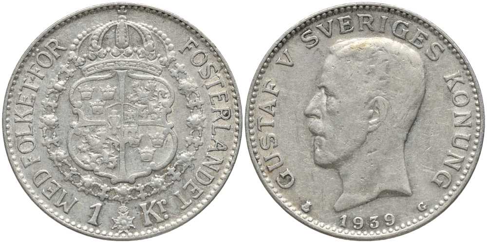 Швеция 1 крона 1939 G, Густав V (1907-1950) КМ 786.2 серебро 202-527