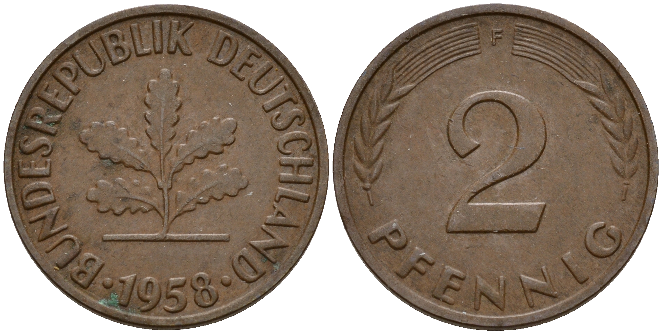 ФРГ 2 пфеннига 1958 F J.381  KM 106 бронза    4598-648