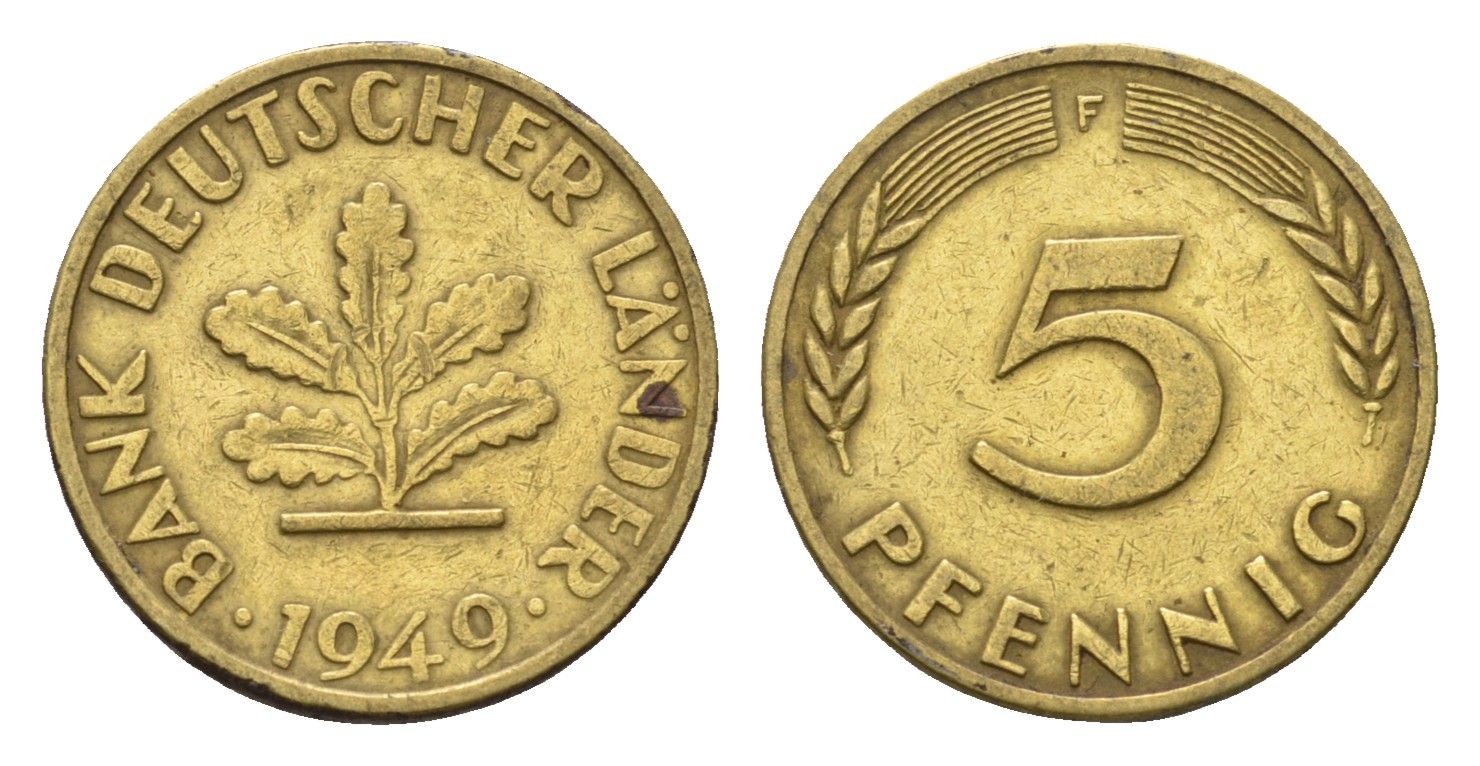 ФРГ 5 пфеннигов 1949 F KM 102, J. 377 сталь плакированная латунью 4685-366