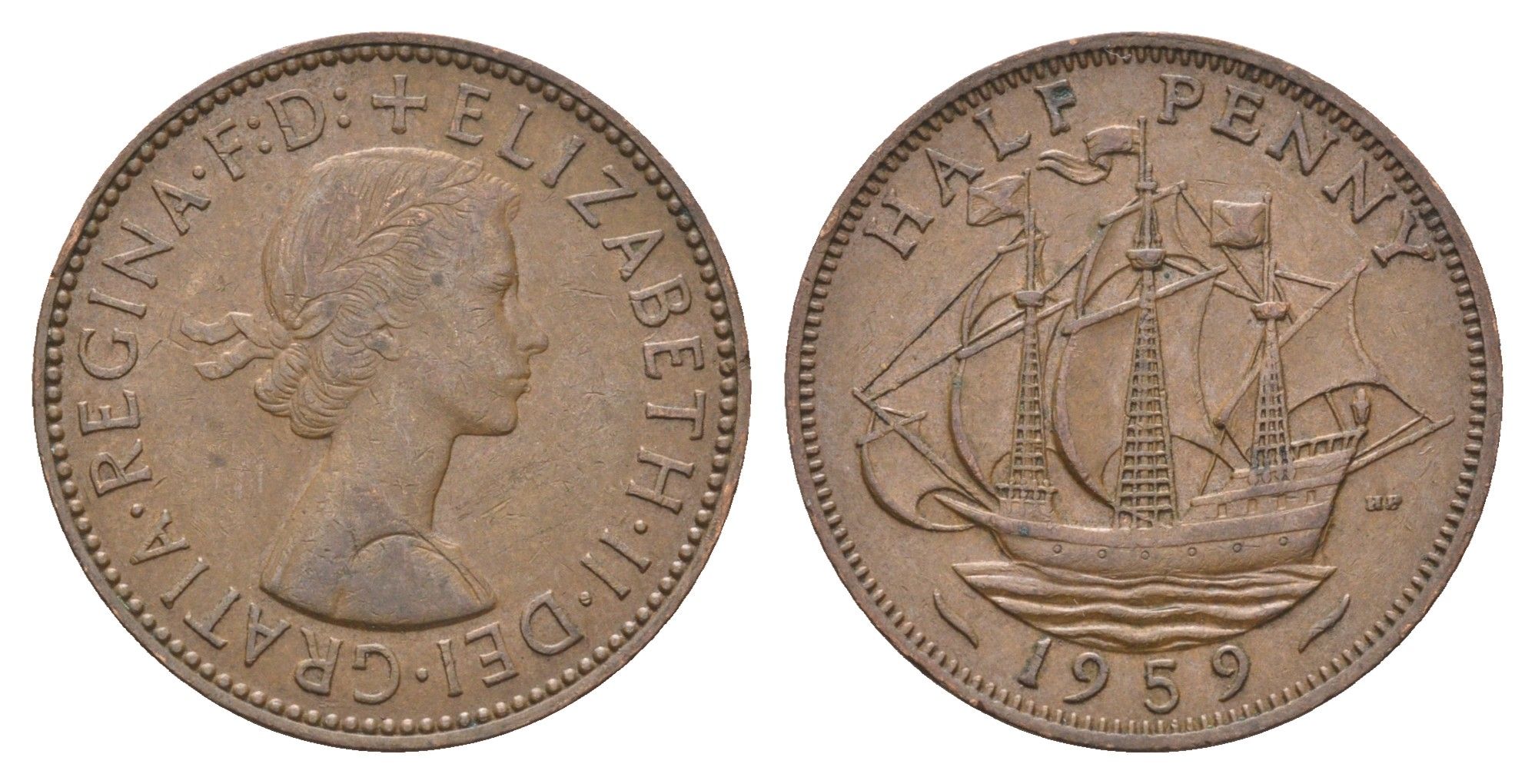 Великобритания 1/2 пенни 1959 Елизавета II (1952-2022) KM 896, Spink 4158 бронза 4662-1154