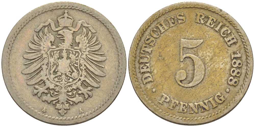 ГЕРМАНИЯ 5 ПФЕННИГОВ 1888 A, СТАРОГЕРБОВКА KM 3, J. 3, Weege 5 медно-никель 206-1062