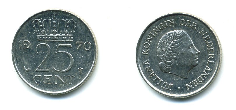 НИДЕРЛАНДЫ 25 ЦЕНТОВ 1970 ЮЛИАНА KM 183 никель 76-518