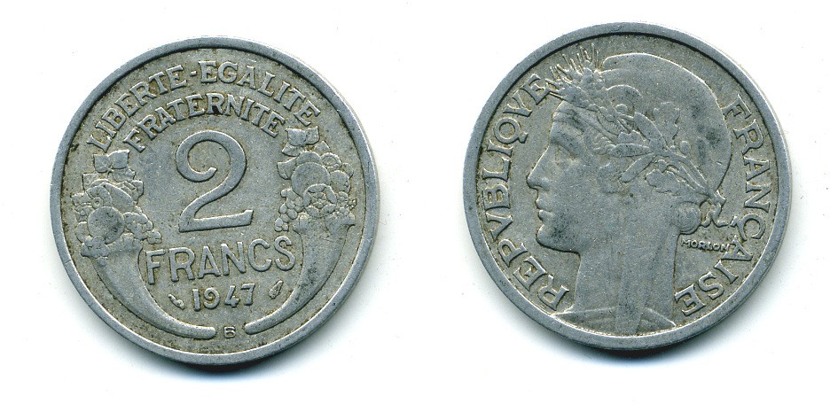 Франция 2 франка 1947 В KM 886а.2 алюминий 84-615