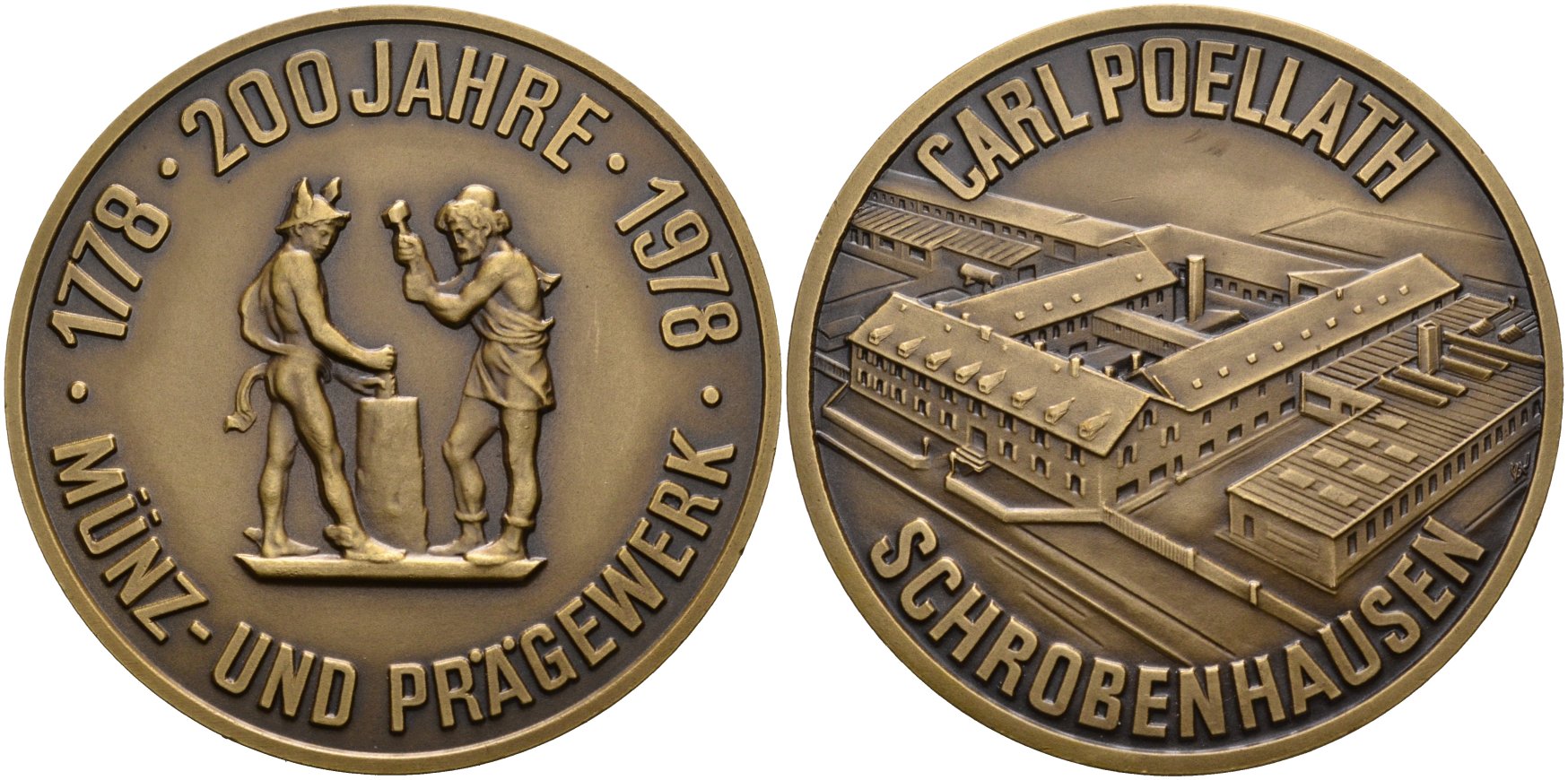 Германия медаль 1978 CARL POELLATH SCHROBENHAUSEN, 200 лет чеканке монет и вышивке (1778-1978), диаметр 60 мм. бронза 00-000-00