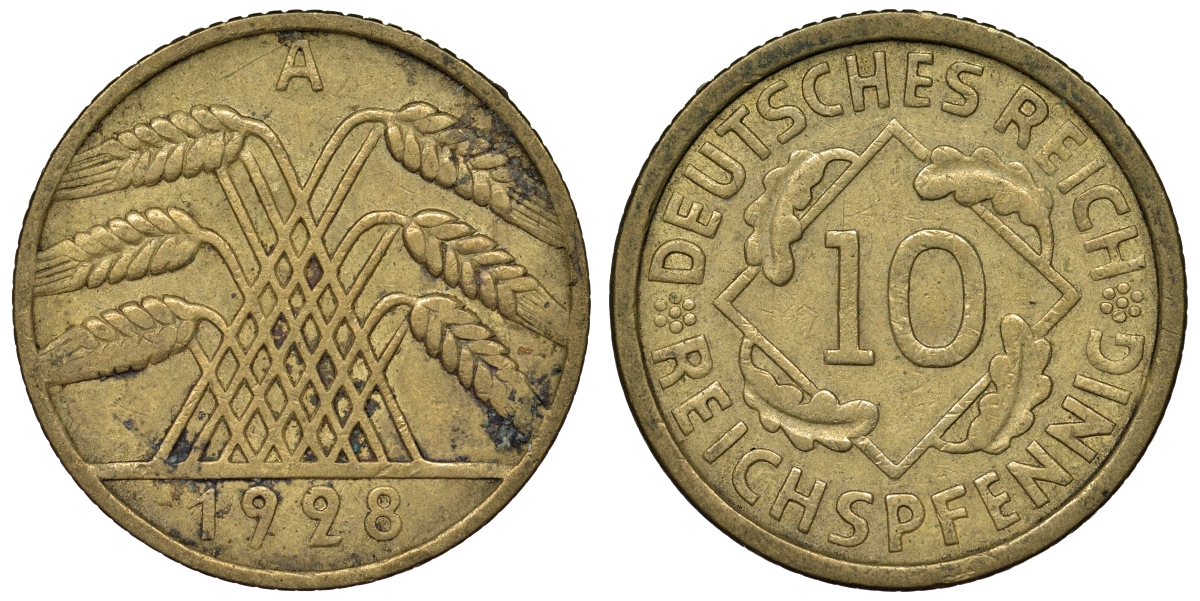 Германия 10 рейхспфеннигов 1928 A KM 40, J. 317 алюминиевая бронза 4121-917