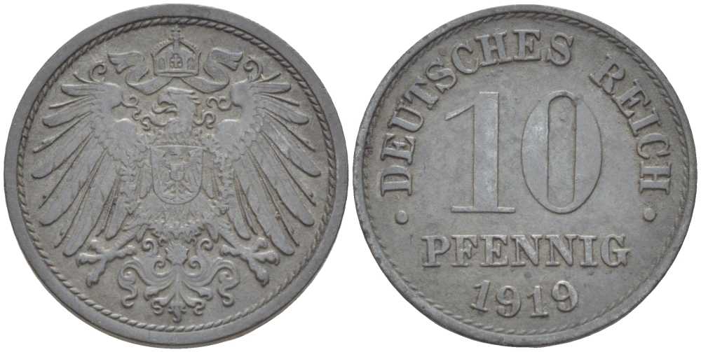 ГЕРМАНИЯ 10 ПФЕННИГОВ 1919 KM 26, J. 299 цинк 4401-143