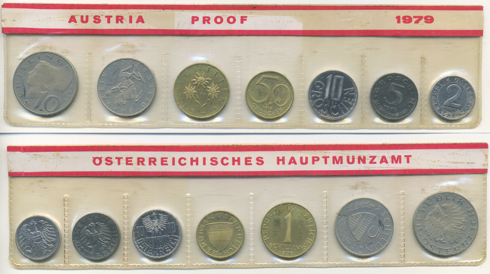 Австрия набор из 7 монет  1979  2, 5, 10, 50 грошей, 1, 5, 10 шиллингов, в целлофане KM PS 39 PROOF 4399-11-2