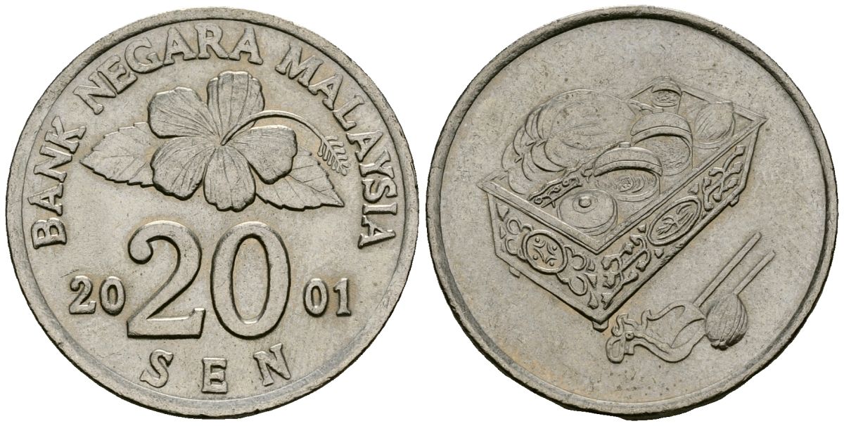 Малайзия 20 сенов 2001 цветок KM 52 медно-никель 4167-316