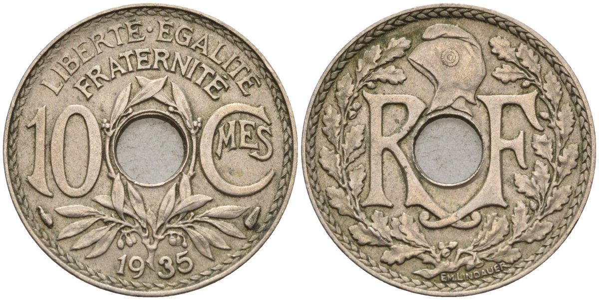 Франция 10 сантимов 1935 KM 866a, Le Franc 138.3 медно-никель 4143-1026