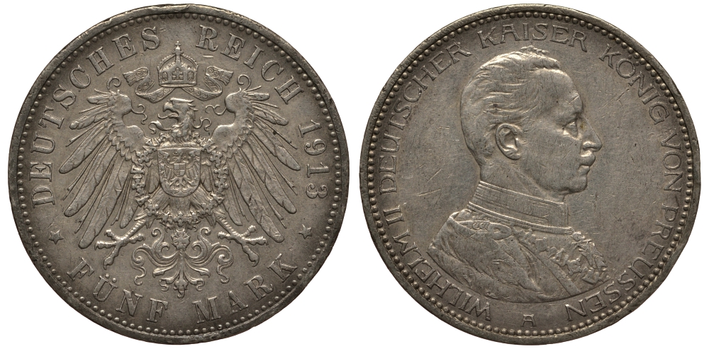 Пруссия 5 марок 1913 Вильгельм II в мундире KM 536, J.114 серебро 3711-414