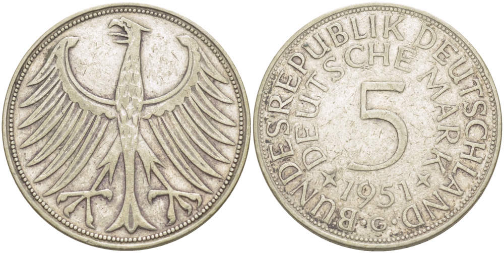 ФРГ 5 марок 1951 G, KM 112.1 серебро 115-832