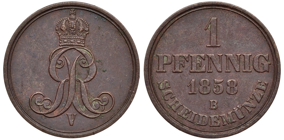 Ганновер 1 пфенниг 1858 B, Георг V KM 233, AKS 156, J. 90 медь 4594-252