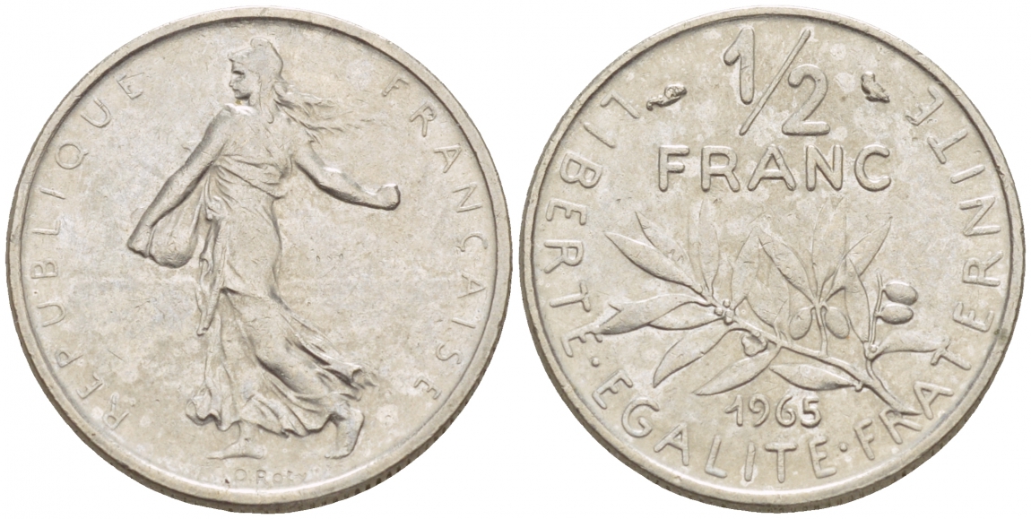 Франция 1/2 франка 1965 сеятель KM 931, Le Franc 198.3 никель 4528-258