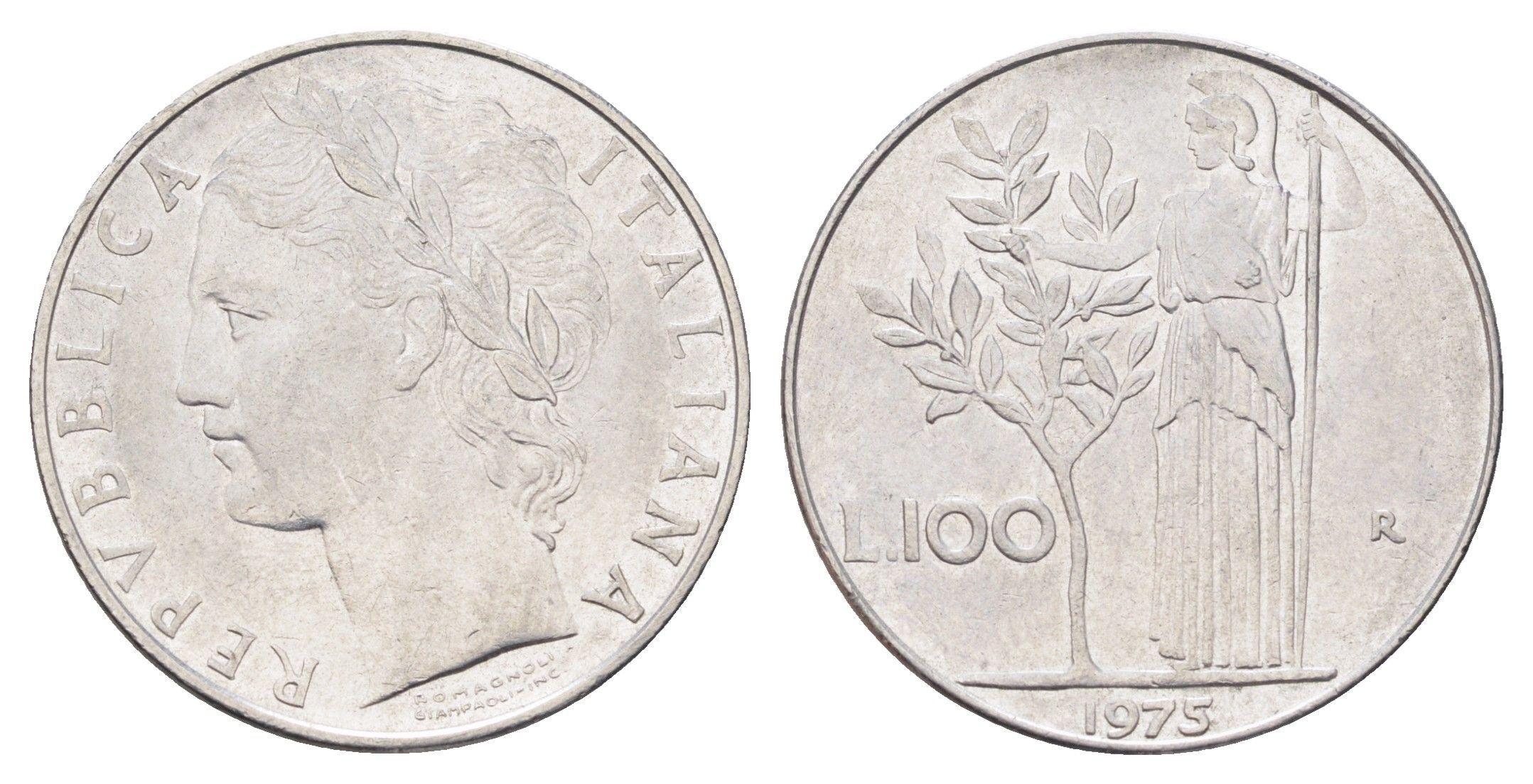 Италия 100 лир 1975 R, Афина в доспехах KM 96.1 нержавеющая сталь 4704-725