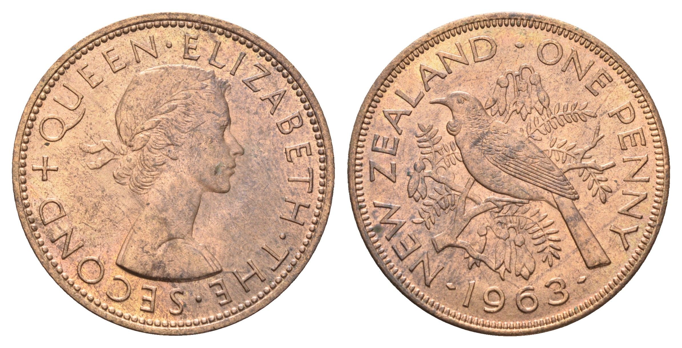 Новая Зеландия 1 пенни 1963 Елизавета II (1952-2022), новозеландский туи KM 24.2 бронза aUNC 4587-616