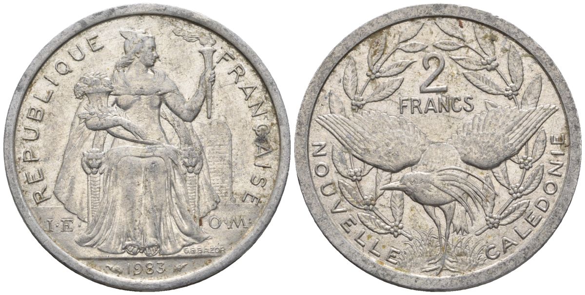Французская Новая Каледония 2 франка 1983 птица кагу, (IEOM) KM 14, Schoen 11, Lec 63 алюминий    27-725