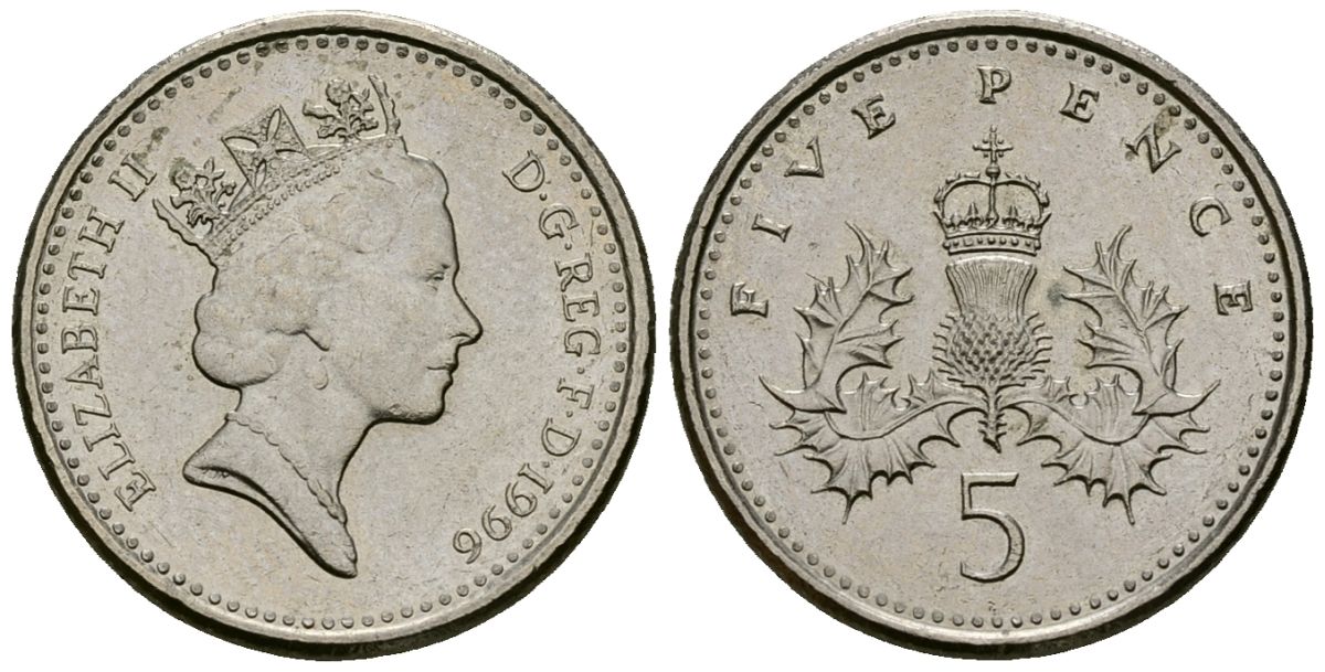 Великобритания 5 пенсов 1996 Елизавета II (1952-2022) KM 937b, Spink 4372 (D4) медно-никель 4173-758