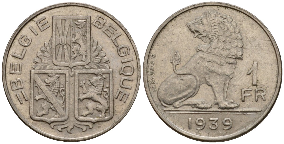 Бельгия 1 франк 1939 Belgie - Belgique KM 120 никель 217-654