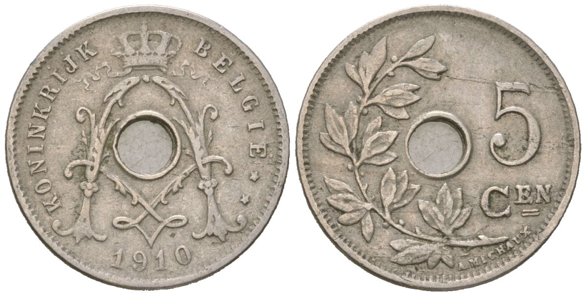 Бельгия 5 сантимов 1910 Belgie, Альберт I (1909-1934) KM 67 медно-никель 4615-661