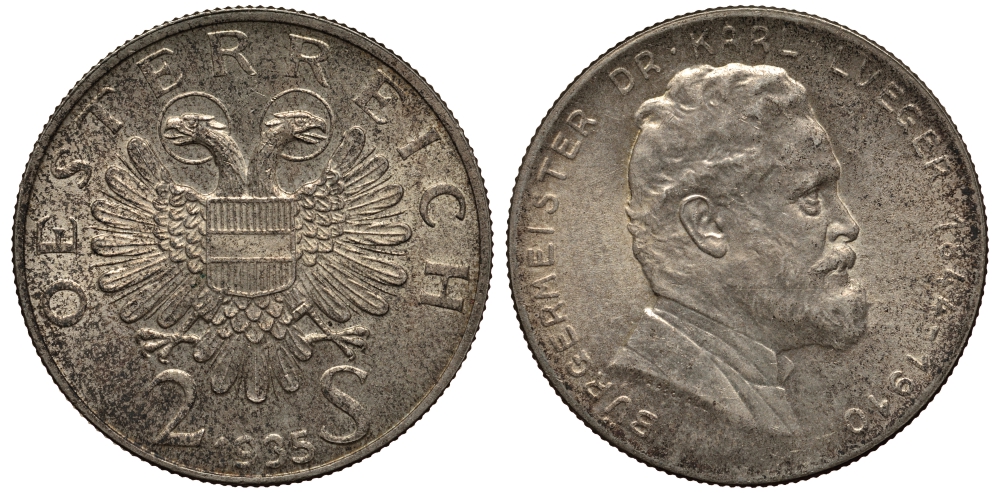 Австрия 2 шиллинга 1935 25 лет со дня смерти Карла Люгера KM 2855 серебро 413-1422