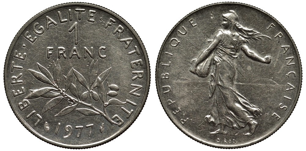 Франция 1 франк 1977 сеятель KM 925.1, Le Franc 226.22 никель 186-911