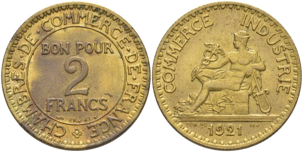 ФРАНЦИЯ 2 ФРАНКА 1921 ТИП CHAMBRES DE COMMERCE KM 877, LE FRANC 267.3 алюминиевая бронза 69-1134
