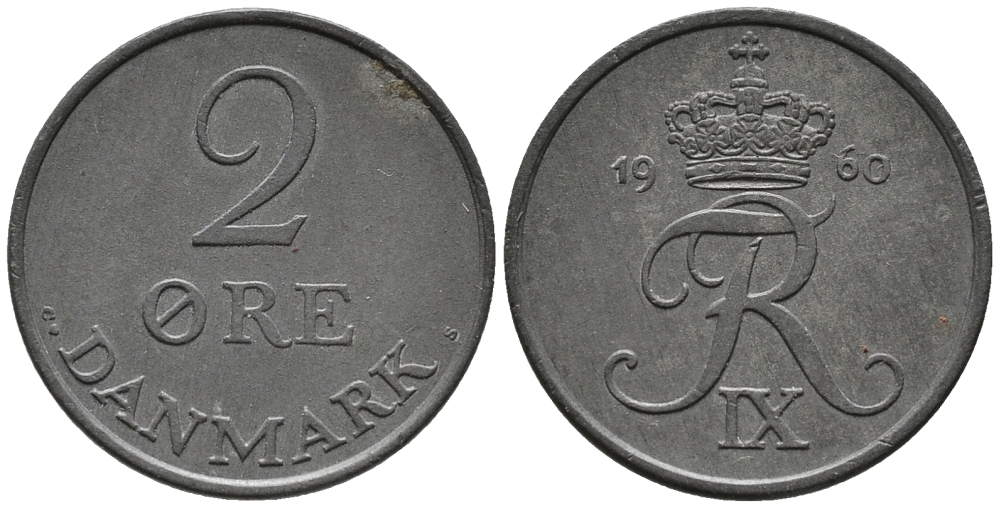 Дания 2 эре 1960 C; S, Фредерик IX (1947-1972) KM 840.2 цинк 67-155