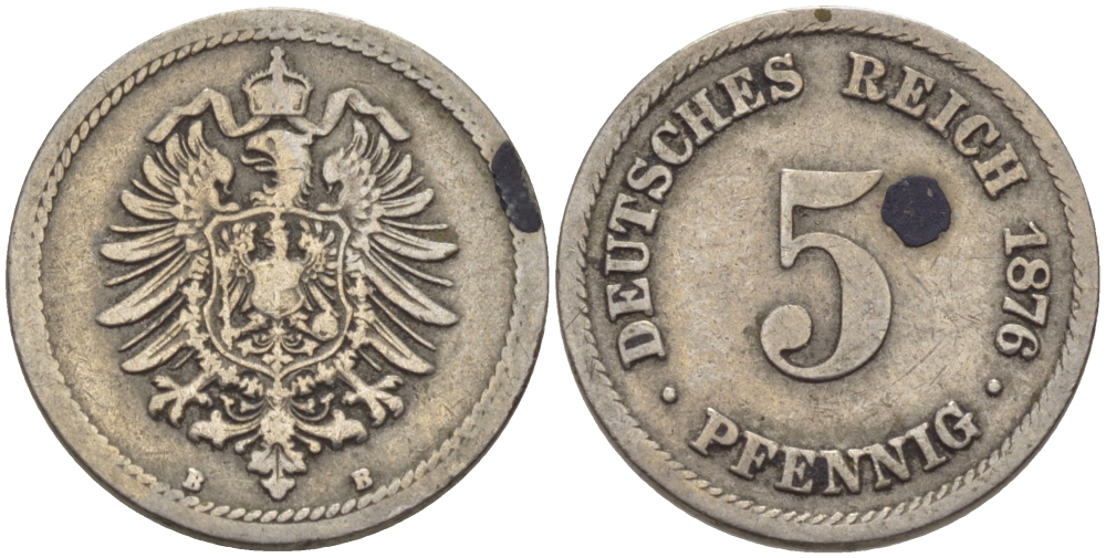 ГЕРМАНИЯ 5 ПФЕННИГОВ 1876 В, СТАРОГЕРБОВКА KM 3, J.3 медно-никель 100-322