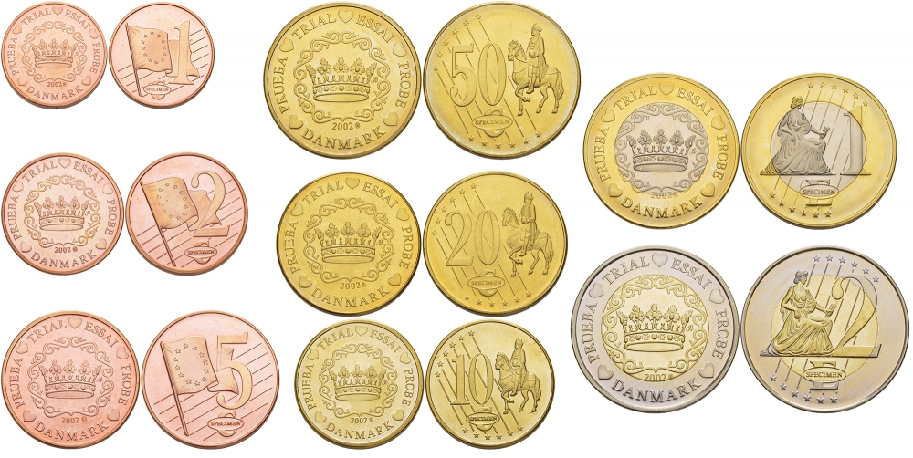 ДАНИЯ НАБОР ИЗ 8 МОНЕТ 2002 PROBE, ESSAI, ЕВРОПРОБНИКИ БОЛЬШОГО ФОРМАТА, В ХОЛДЕРАХ биметалл PROOF 1520-931