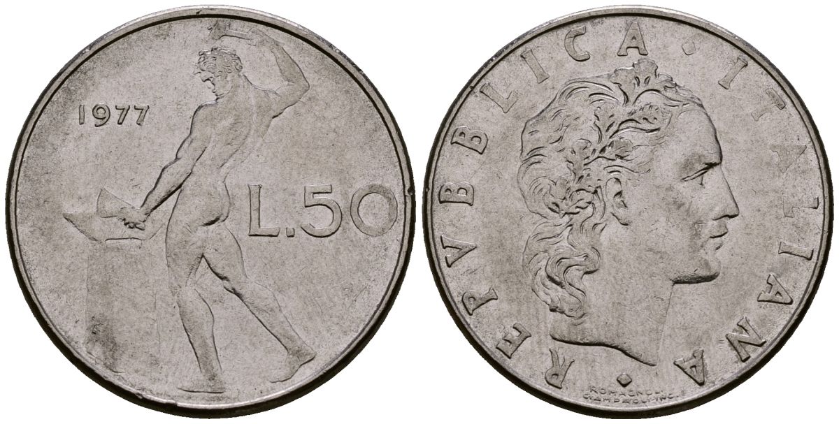 Италия 50 лир 1977 KM 95.1 нержавеющая сталь 4176-242