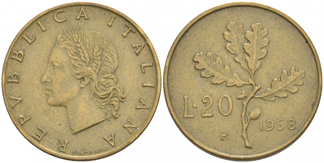 ИТАЛИЯ 20 ЛИР 1958 R ДУБОВАЯ ВЕТВЬ KM 97.1 алюминиевая бронза 73-114