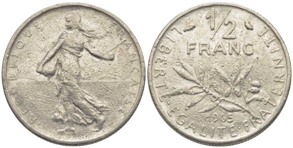 Франция 1/2 франка 1965 сеятель KM 931, Le Franc 198.3 никель 175-926