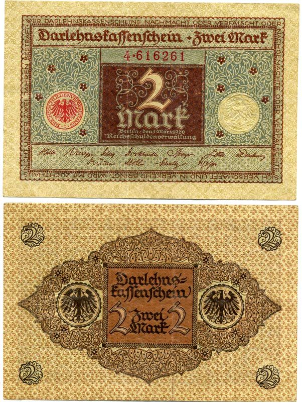 ГЕРМАНИЯ 2 МАРКИ 1920 1 МАРТА 1920, ВЕЙМАРСКАЯ РЕСПУБЛИКА, КОРИЧНЕВАЯ, СЕРИЯ 4 Pick 60, Rosenberg 65a бумага 7547-89-4