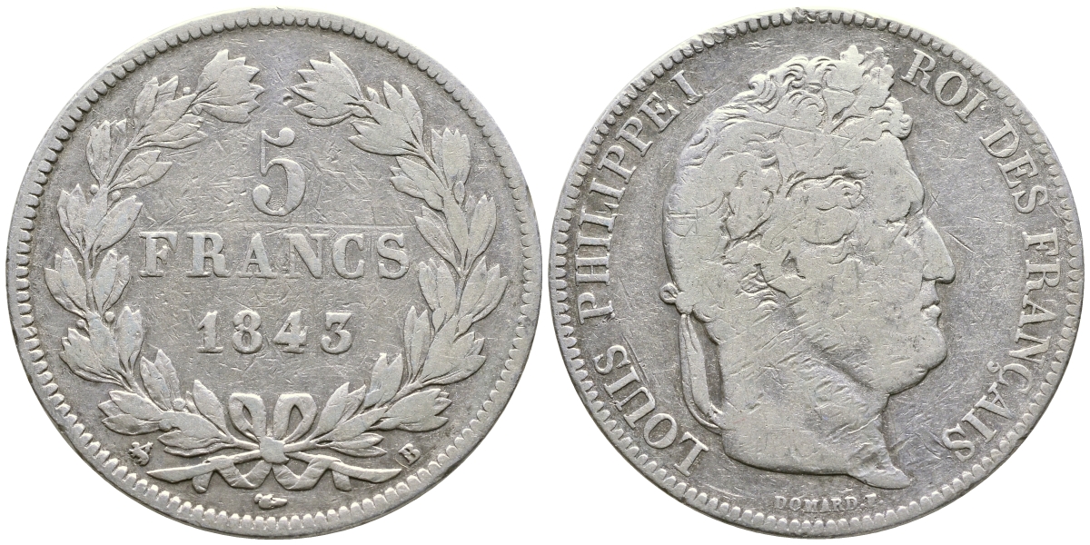 Франция 5 франков 1843 B, Луи Филипп I (1830-1848) KM 749.2 серебро 1066-7-56