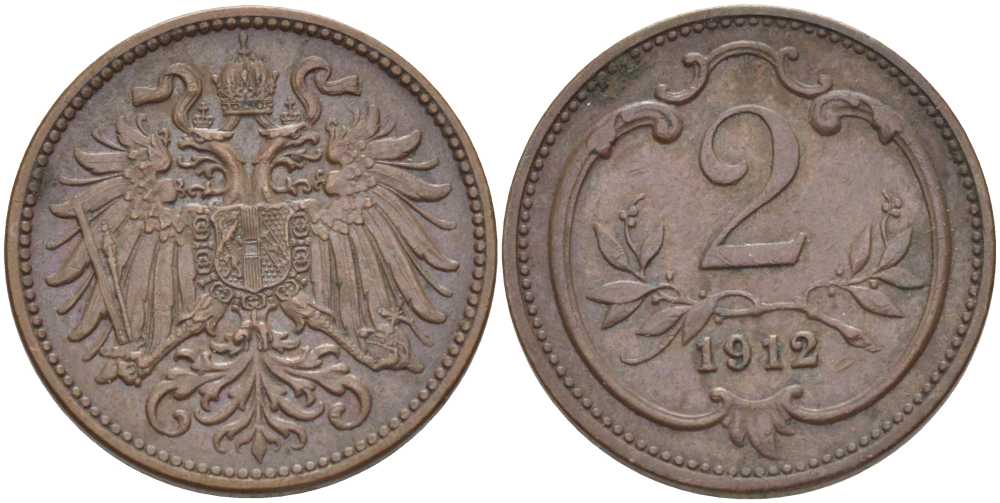 АВСТРИЯ 2 ГЕЛЛЕРА 1912 ФРАНЦ ИОСИФ (1846-1918) KM 2801 бронза 201-916