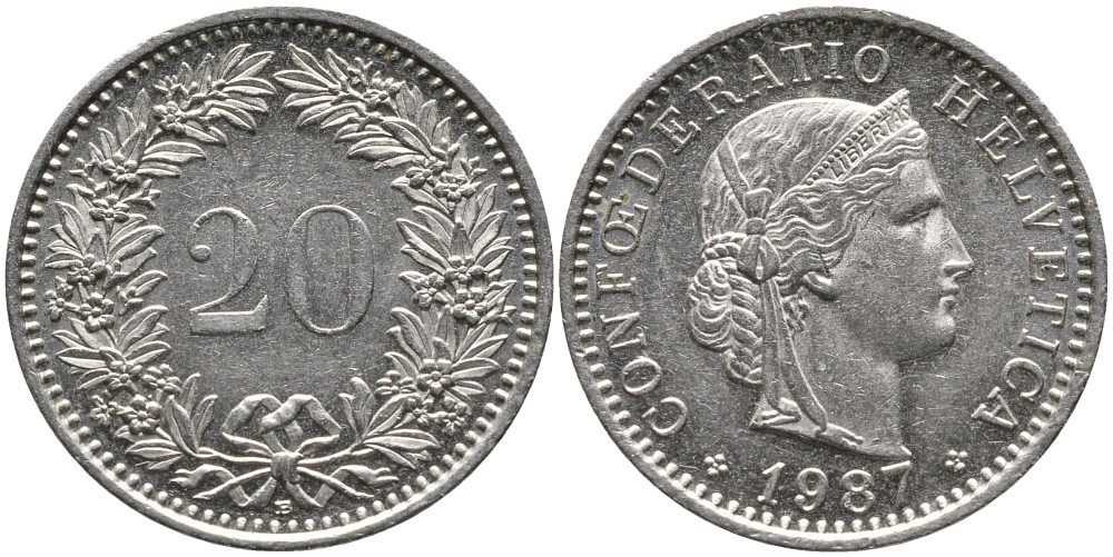 ШВЕЙЦАРИЯ 20 РАППЕНОВ 1987 В KM 29а медно-никель 4539-637