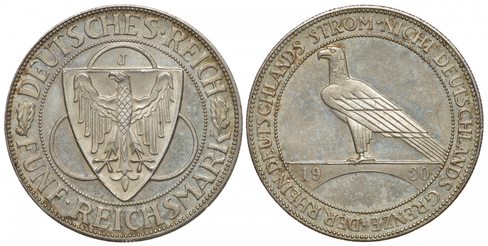 Германия 5 марок 1930 J, освобождение Рейнланда J. 346, KM 71 серебро UNC 00-804-07