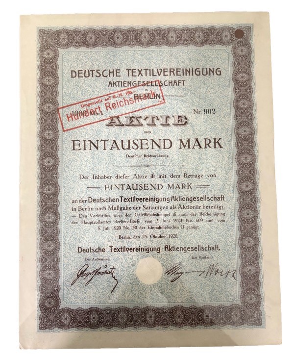 Германия акция в 1000 марок 1920 компании Deutsche Textilvereinigung Aktiengesellschaft / Немецкое Текстильное Объединение бумага 5555-23