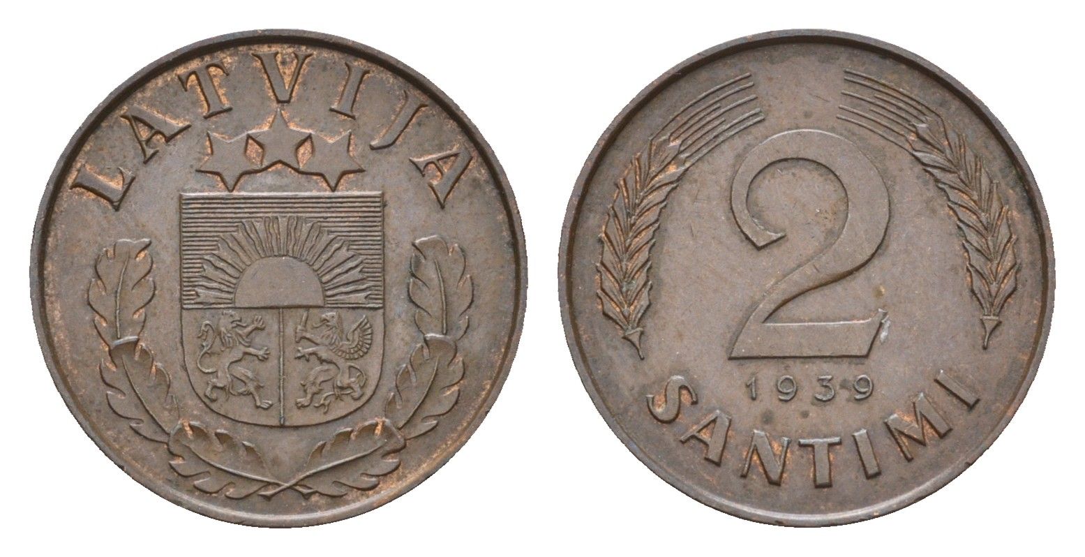 Латвия 2 сантима 1939 KM 11.2 бронза 4679-253
